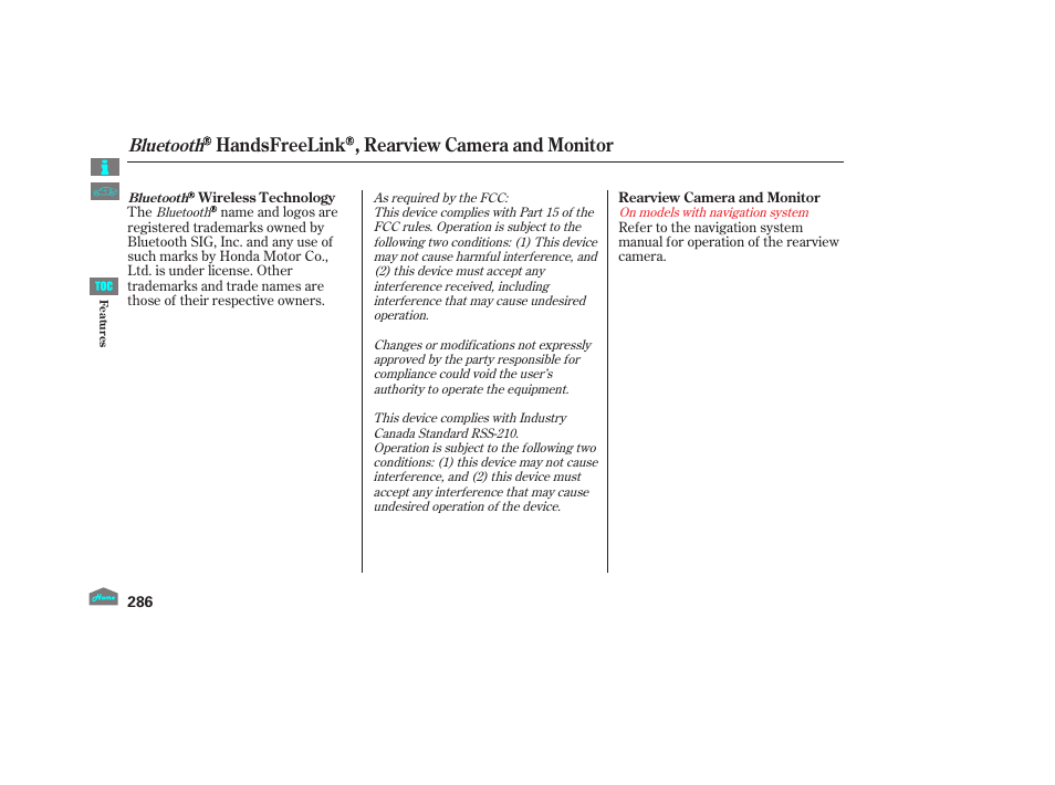 Rearview camera and monitor, Handsfreelink , rearview camera and monitor, Bluetooth | HONDA 2012 Accord Sedan User Manual | Page 289 / 446