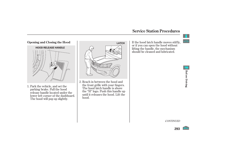 P.293), Service station procedures, 2012 accord sedan | HONDA 2012 Accord Sedan User Manual | Page 296 / 446