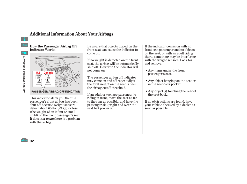 P.32), Additional information about your airbags | HONDA 2012 Accord Sedan User Manual | Page 35 / 446