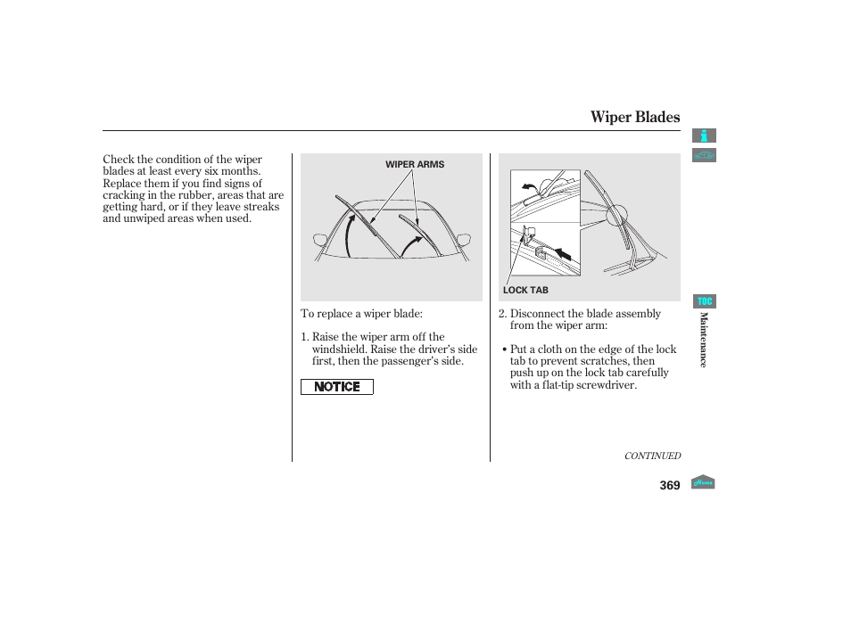 Wiper blades | HONDA 2012 Accord Sedan User Manual | Page 372 / 446