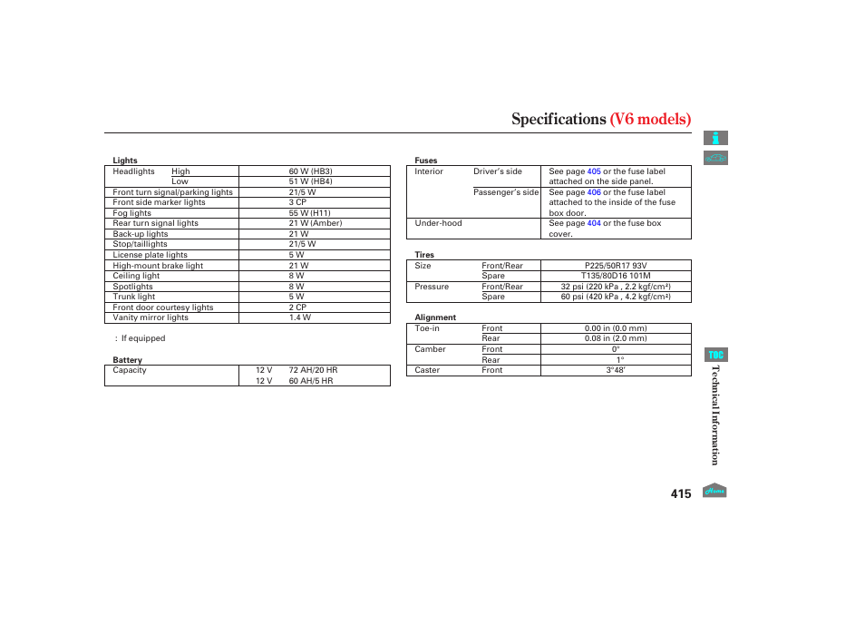 Specifications (v6 models), 2012 accord sedan | HONDA 2012 Accord Sedan User Manual | Page 418 / 446