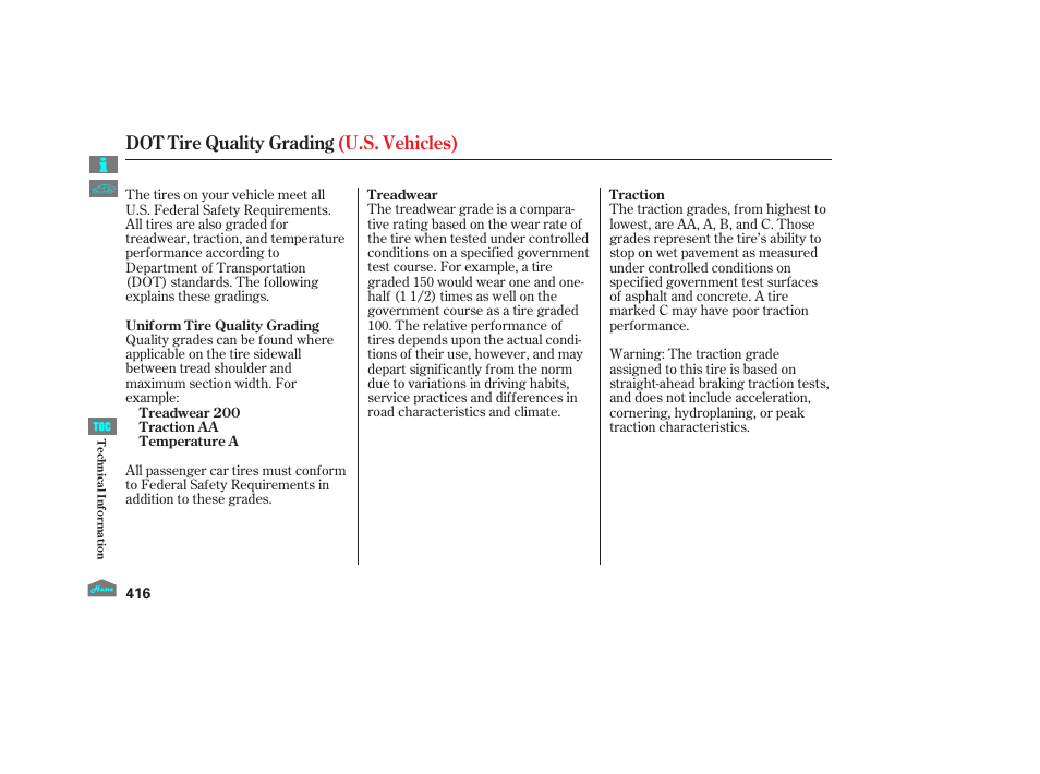 Dot tire quality grading, Dot tire quality grading (u.s. vehicles) | HONDA 2012 Accord Sedan User Manual | Page 419 / 446