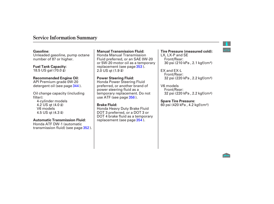 Service information summary, Service inf ormation summary | HONDA 2012 Accord Sedan User Manual | Page 445 / 446