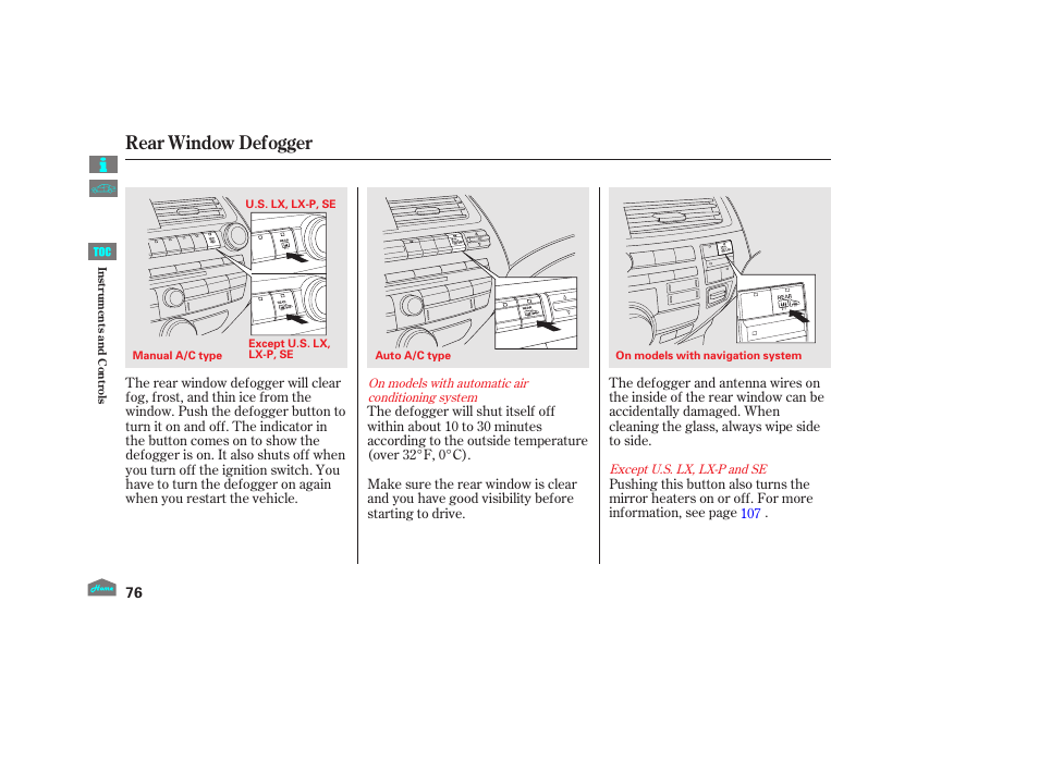 Rear window defogger, P.76, 2012 accord sedan | HONDA 2012 Accord Sedan User Manual | Page 79 / 446