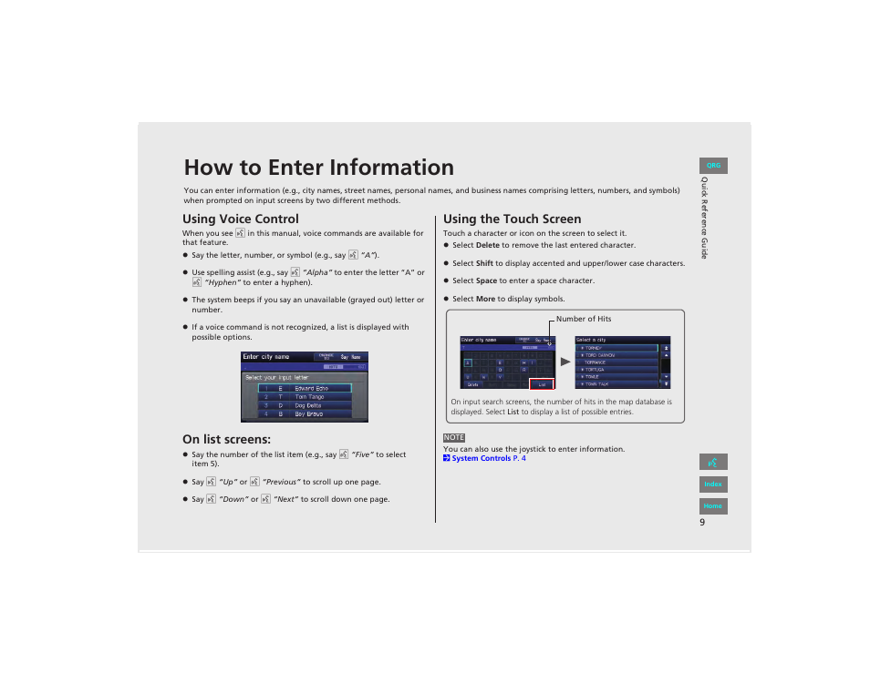 How to enter information, Using voice control, On list screens | Using the touch screen | HONDA 2012 Civic Navigation User Manual | Page 10 / 204