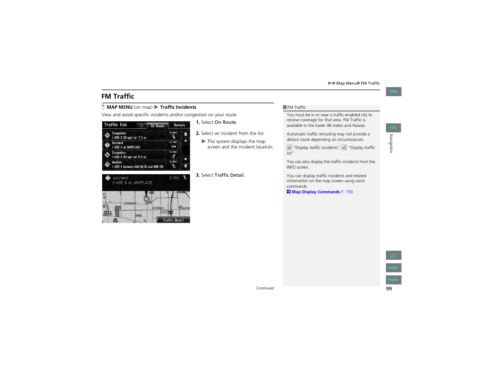 Fm traffic, P99), 2 fm traffic | P. 99 | HONDA 2012 Civic Navigation User Manual | Page 100 / 204