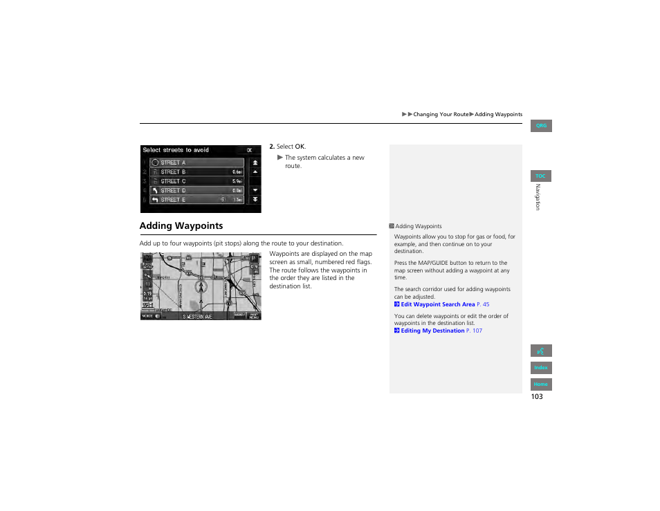 Adding waypoints, P103) | HONDA 2012 Civic Navigation User Manual | Page 104 / 204