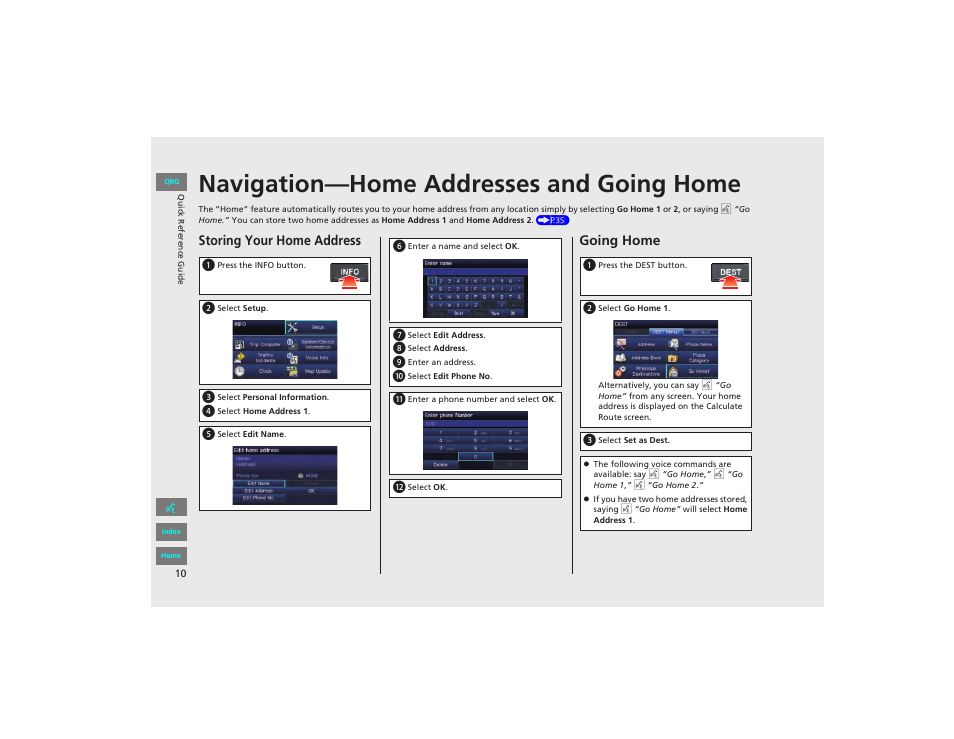 P10), Navigation—home addresses and going home, Storing your home address | Going home | HONDA 2012 Civic Navigation User Manual | Page 11 / 204