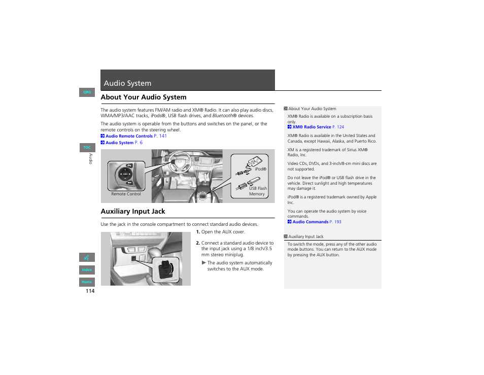 Audio system, About your audio system, Auxiliary input jack | HONDA 2012 Civic Navigation User Manual | Page 115 / 204