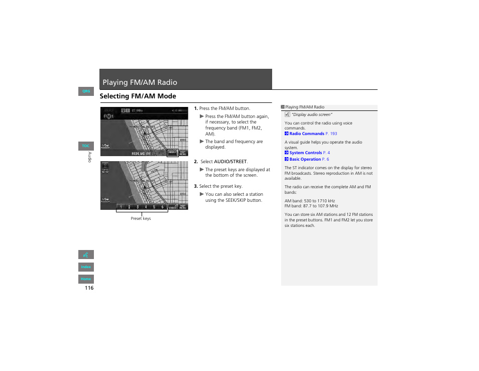 Playing fm/am radio, Selecting fm/am mode, P116) | HONDA 2012 Civic Navigation User Manual | Page 117 / 204