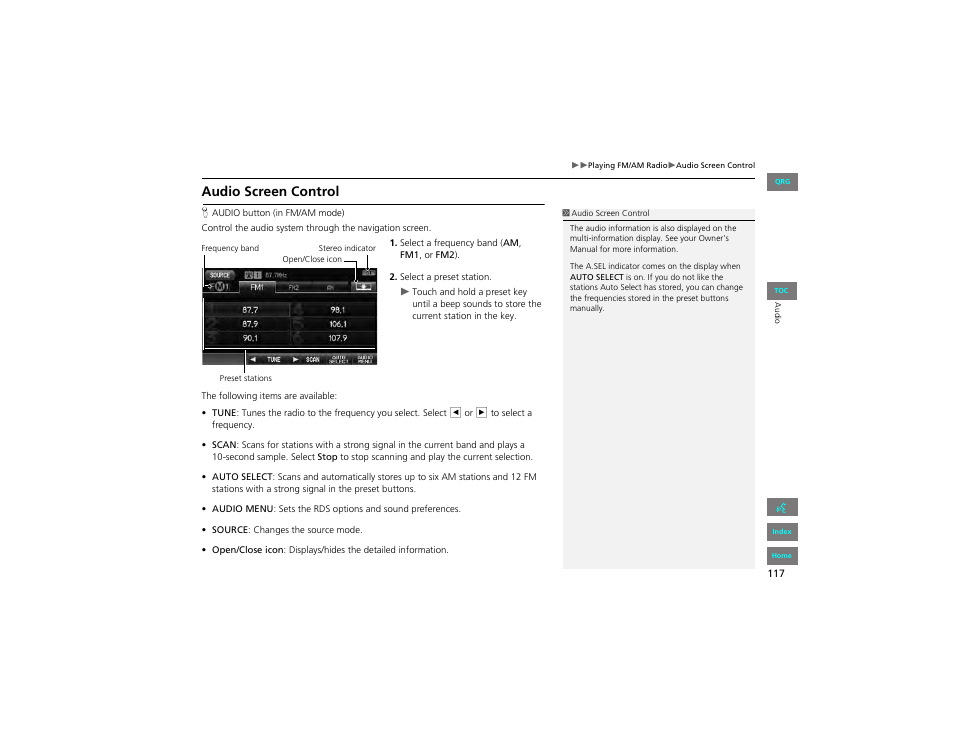 Audio screen control | HONDA 2012 Civic Navigation User Manual | Page 118 / 204