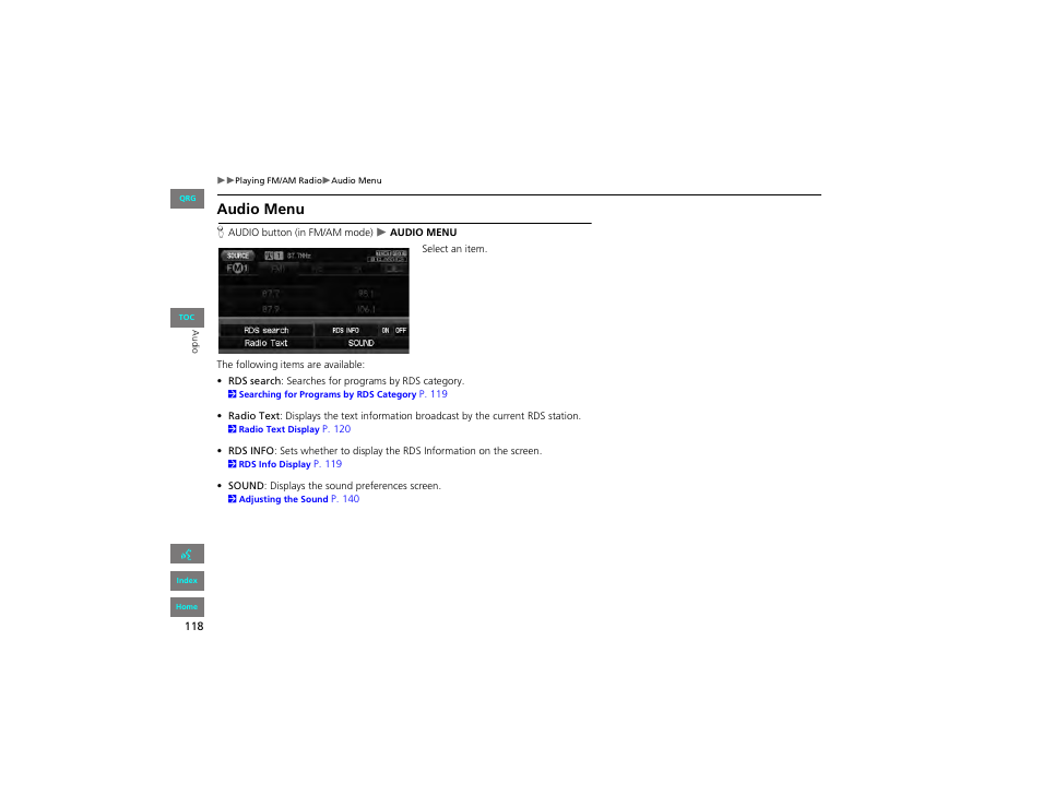 Audio menu | HONDA 2012 Civic Navigation User Manual | Page 119 / 204