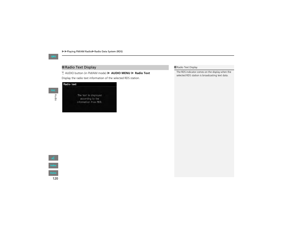 Radio text display, 2 radio text display, P. 120 | HONDA 2012 Civic Navigation User Manual | Page 121 / 204