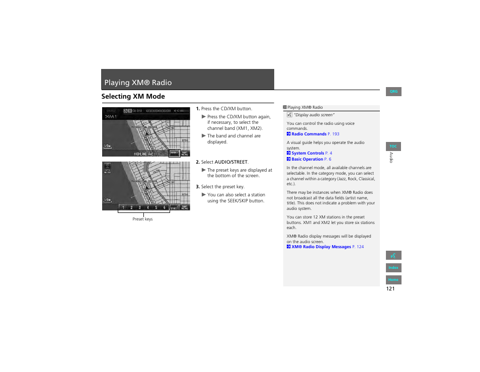 Playing xm® radio, Selecting xm mode, P121) | HONDA 2012 Civic Navigation User Manual | Page 122 / 204