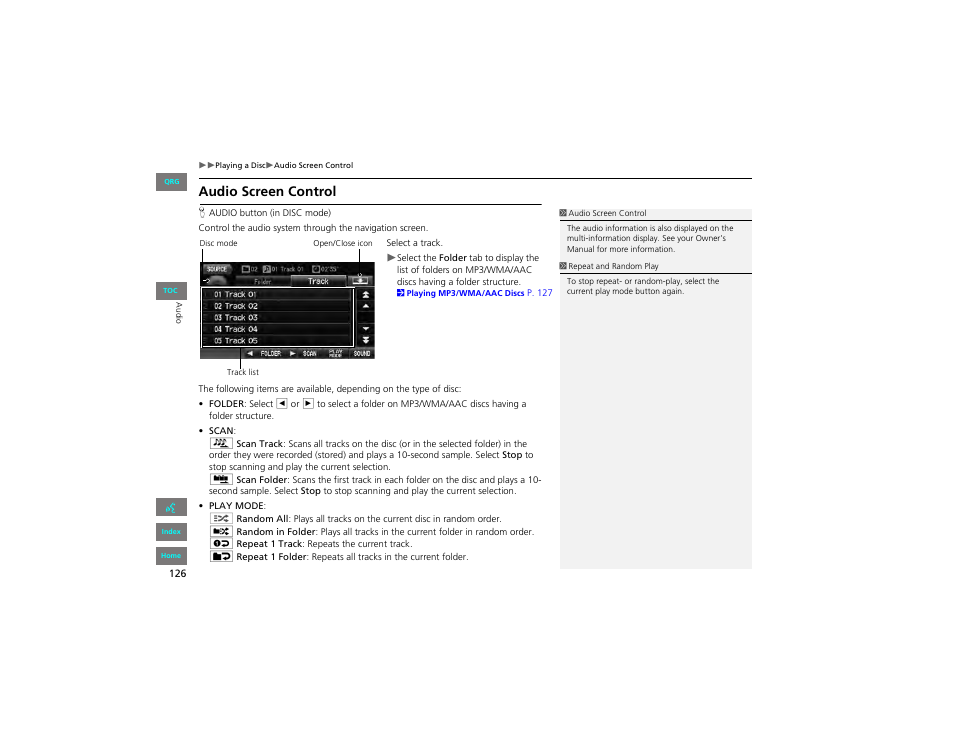 Audio screen control | HONDA 2012 Civic Navigation User Manual | Page 127 / 204