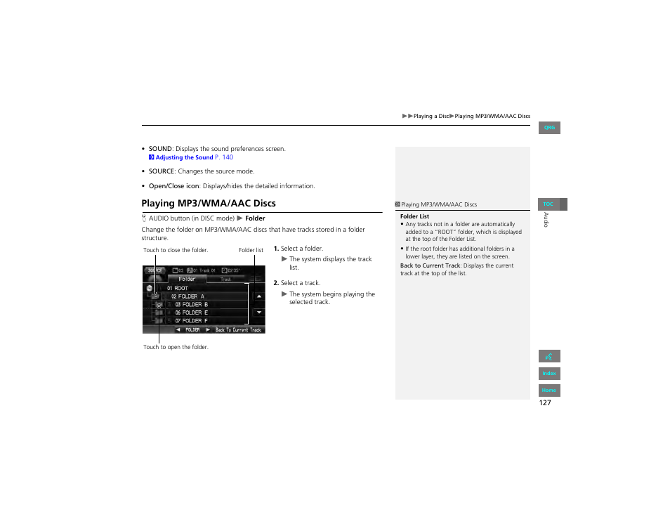 Playing mp3/wma/aac discs | HONDA 2012 Civic Navigation User Manual | Page 128 / 204