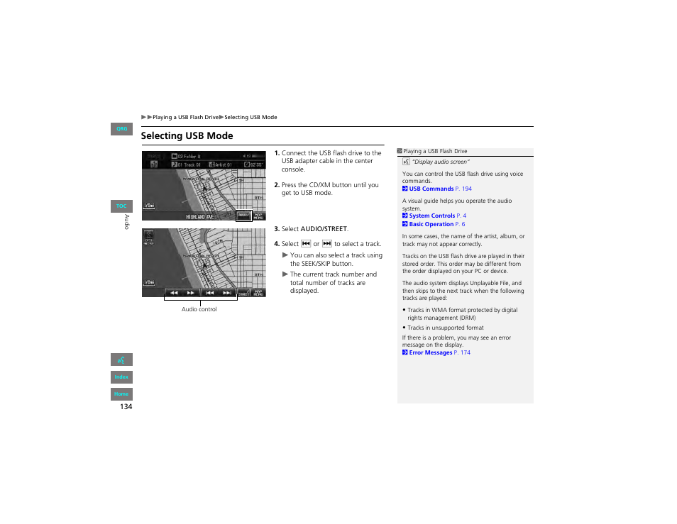 Selecting usb mode | HONDA 2012 Civic Navigation User Manual | Page 135 / 204