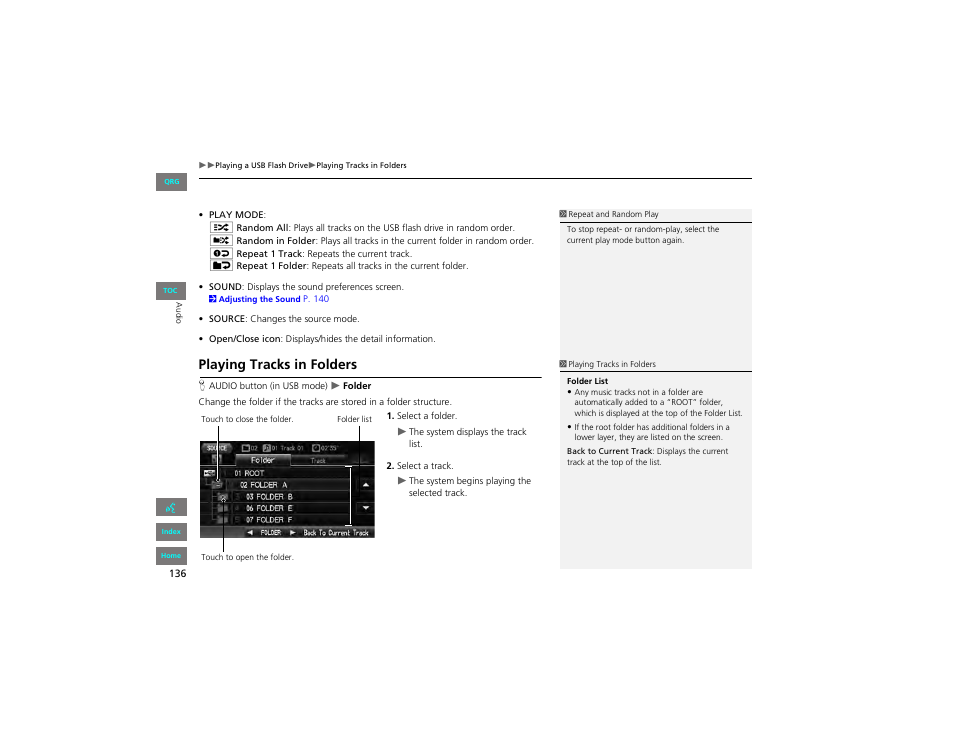 Playing tracks in folders | HONDA 2012 Civic Navigation User Manual | Page 137 / 204