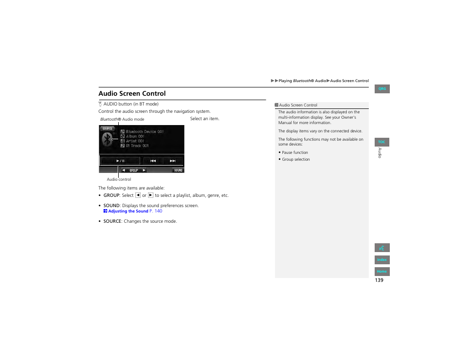 Audio screen control | HONDA 2012 Civic Navigation User Manual | Page 140 / 204
