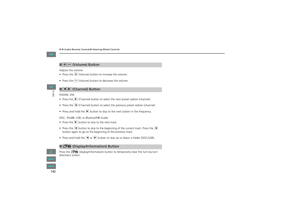Volume button, Channel button, Display/information button | P142) | HONDA 2012 Civic Navigation User Manual | Page 143 / 204