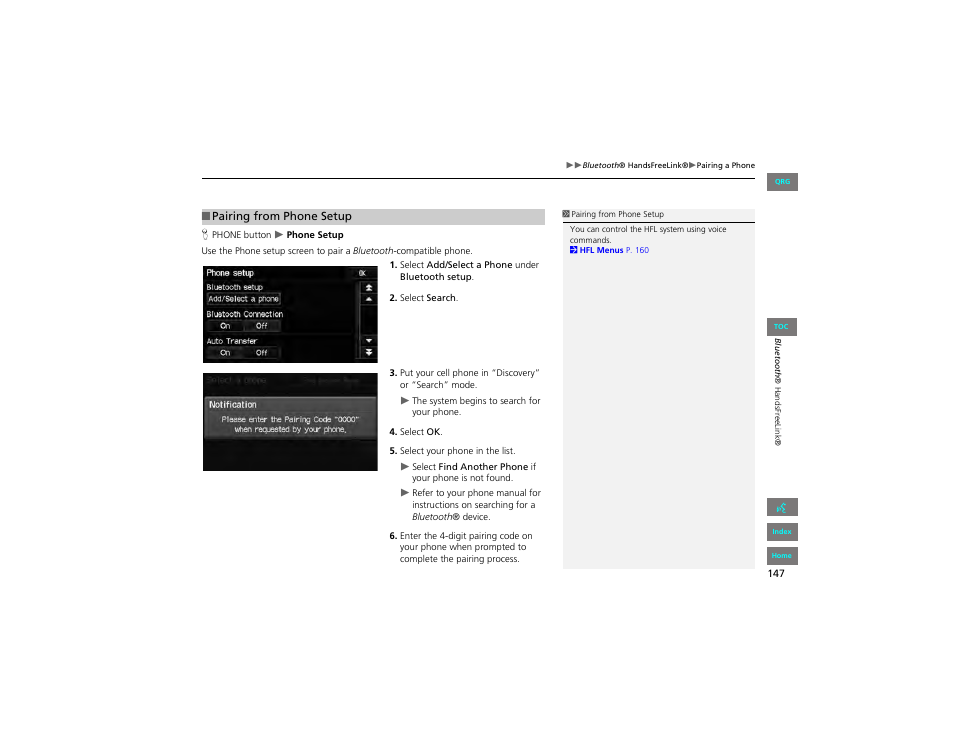 Pairing from phone setup | HONDA 2012 Civic Navigation User Manual | Page 148 / 204