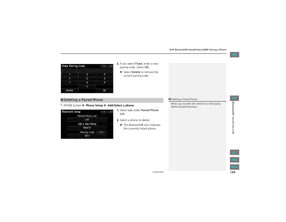 Deleting a paired phone, 2 deleting a paired phone p. 149 | HONDA 2012 Civic Navigation User Manual | Page 150 / 204
