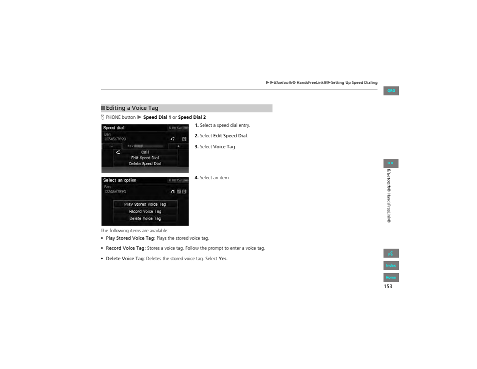 Editing a voice tag | HONDA 2012 Civic Navigation User Manual | Page 154 / 204