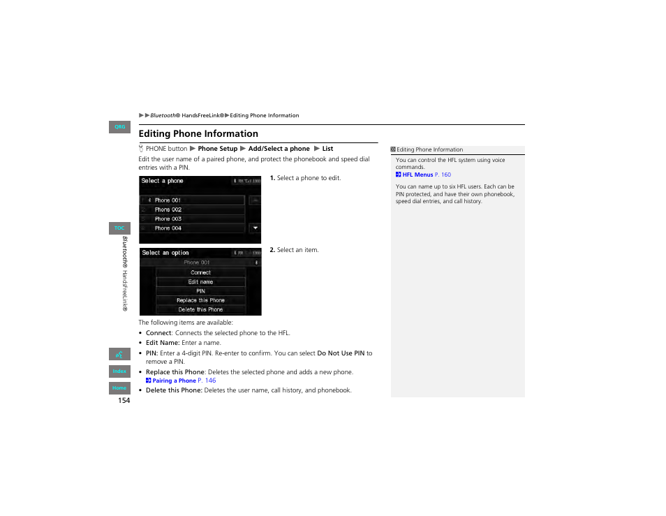 Editing phone information | HONDA 2012 Civic Navigation User Manual | Page 155 / 204