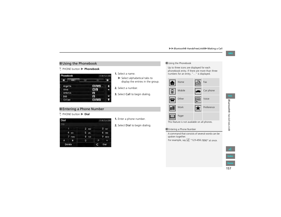 Using the phonebook, Entering a phone number | HONDA 2012 Civic Navigation User Manual | Page 158 / 204