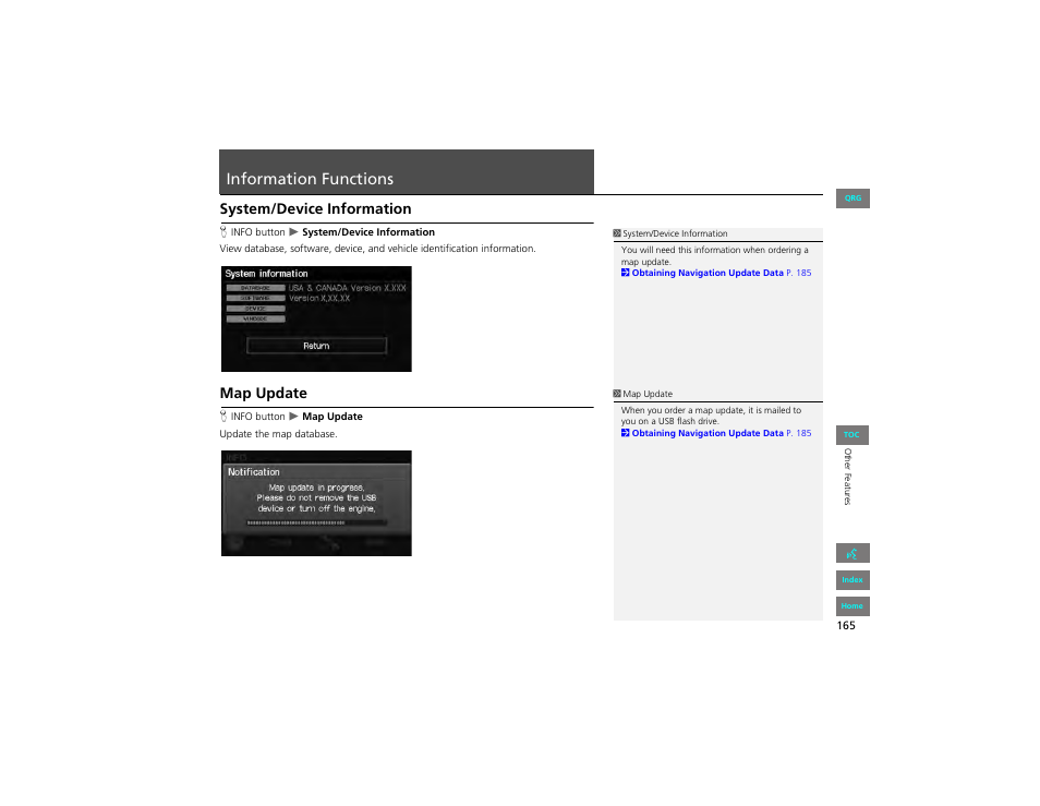 Information functions, System/device information, Map update | HONDA 2012 Civic Navigation User Manual | Page 166 / 204