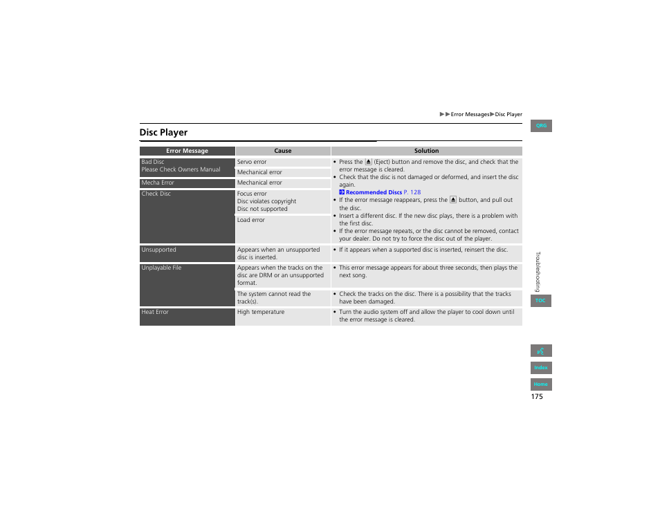 Disc player | HONDA 2012 Civic Navigation User Manual | Page 176 / 204