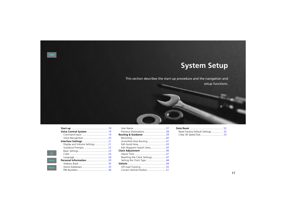 System setup, P. 17, P.17 | HONDA 2012 Civic Navigation User Manual | Page 18 / 204