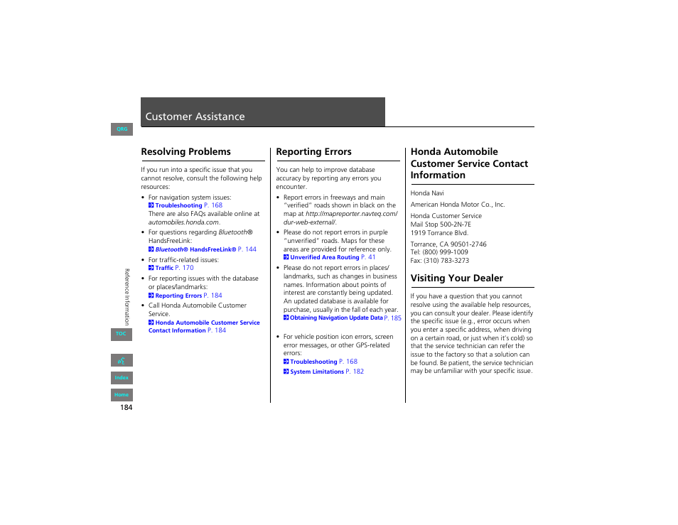 Customer assistance, Resolving problems, Reporting errors | Visiting your dealer, Assistance | HONDA 2012 Civic Navigation User Manual | Page 185 / 204