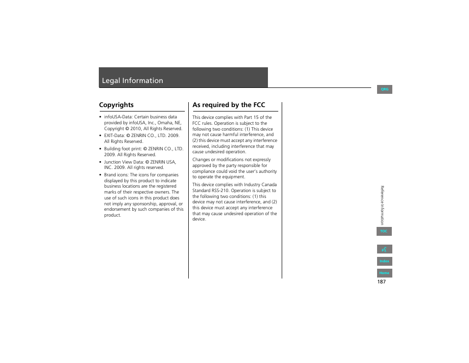 Legal information, Copyrights, As required by the fcc | HONDA 2012 Civic Navigation User Manual | Page 188 / 204