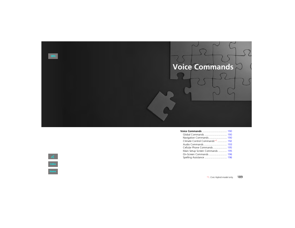 Voice commands, E commands, P. 189 | P.189, P189) | HONDA 2012 Civic Navigation User Manual | Page 190 / 204