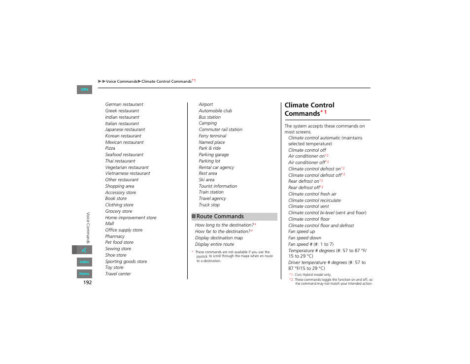Route commands, Climate controlcommands, 2 route commands p. 192 | Climate control commands | HONDA 2012 Civic Navigation User Manual | Page 193 / 204