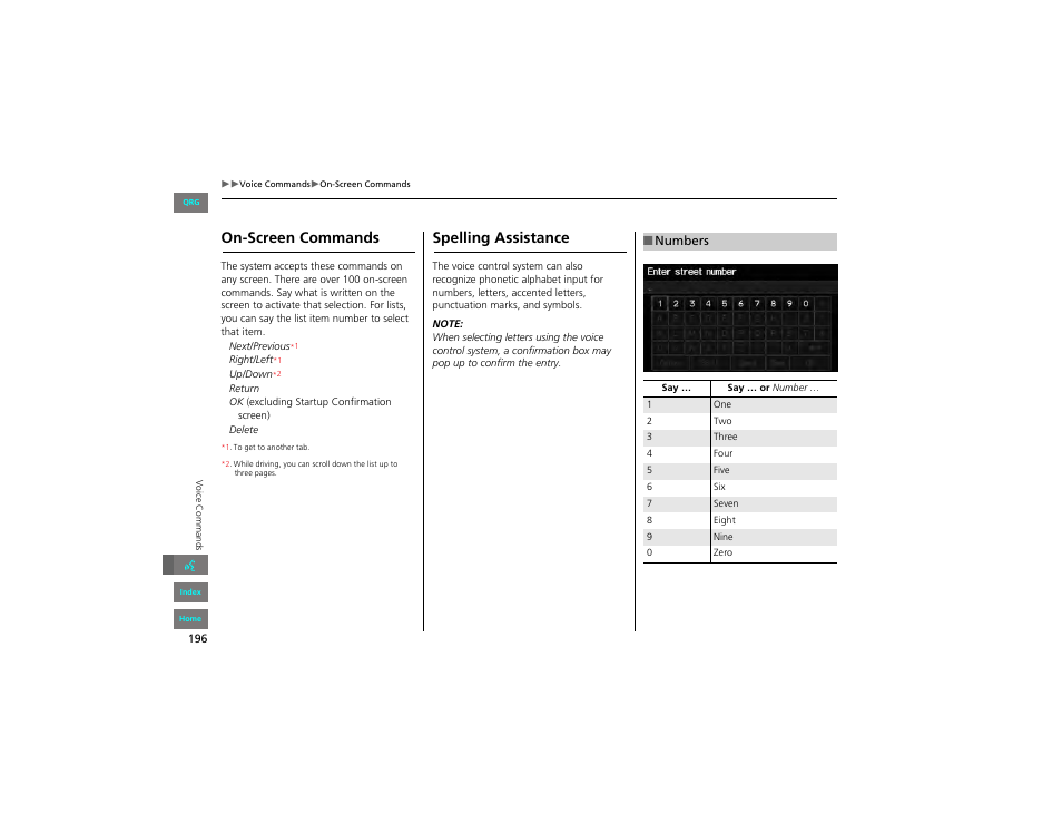 On-screen commands, Spelling assistance, Numbers | HONDA 2012 Civic Navigation User Manual | Page 197 / 204