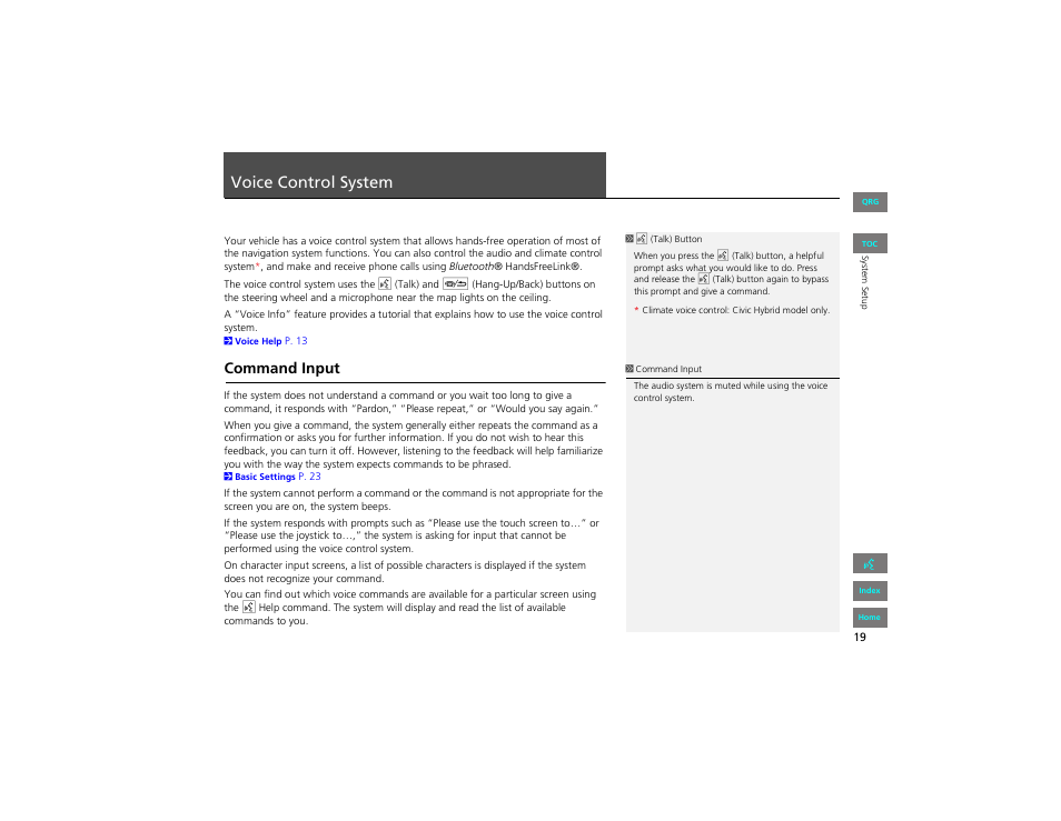 Voice control system, Command input, P19) | HONDA 2012 Civic Navigation User Manual | Page 20 / 204