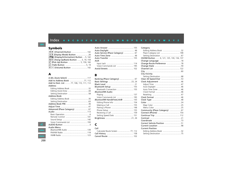 Index, P.200, Symbols | HONDA 2012 Civic Navigation User Manual | Page 201 / 204