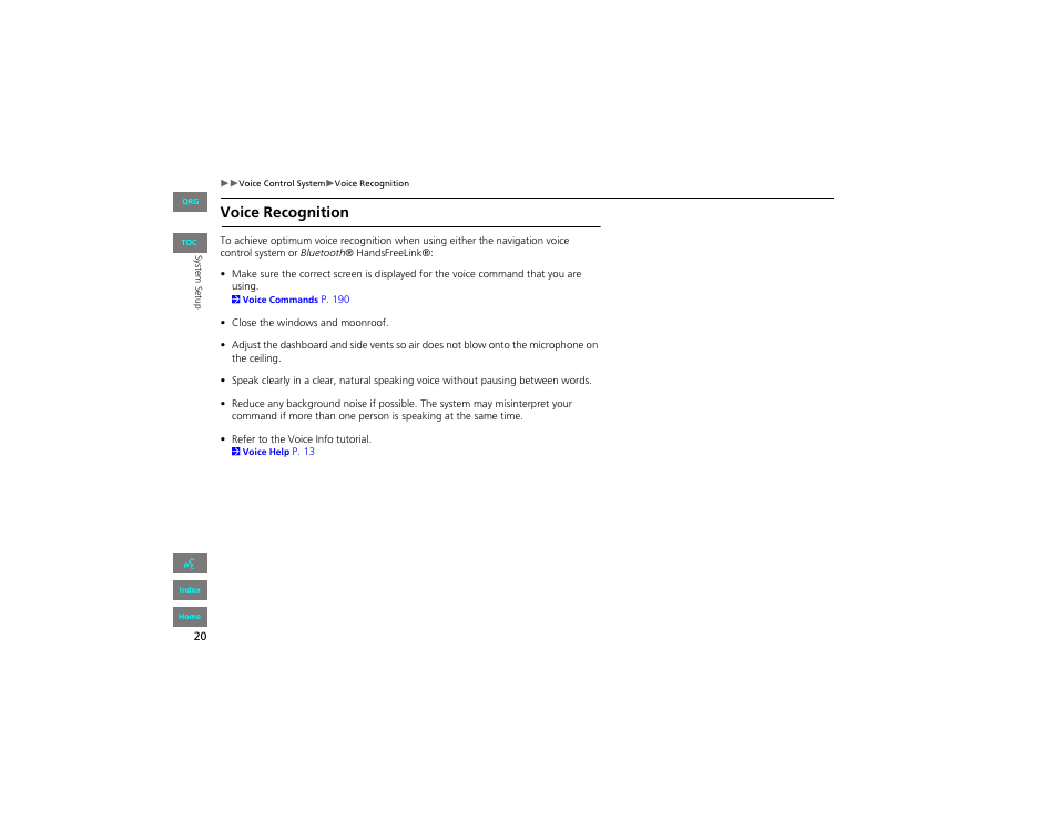 Voice recognition | HONDA 2012 Civic Navigation User Manual | Page 21 / 204