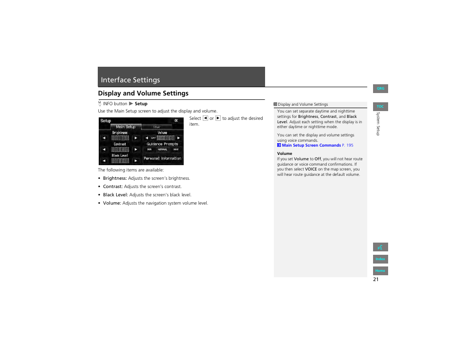 Interface settings, Display and volume settings | HONDA 2012 Civic Navigation User Manual | Page 22 / 204