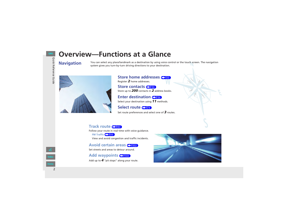 Quick reference guide, Overview—functions at a glance, Navigation | HONDA 2012 Civic Navigation User Manual | Page 3 / 204
