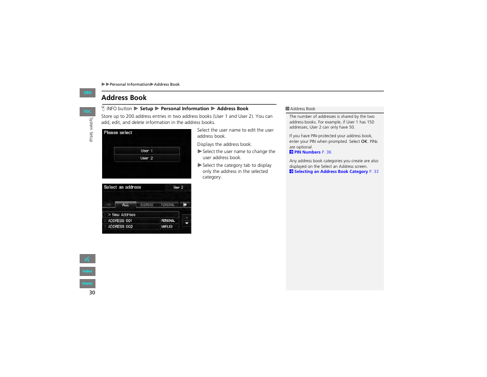 Address book, P30), 2 address book | P. 30 | HONDA 2012 Civic Navigation User Manual | Page 31 / 204