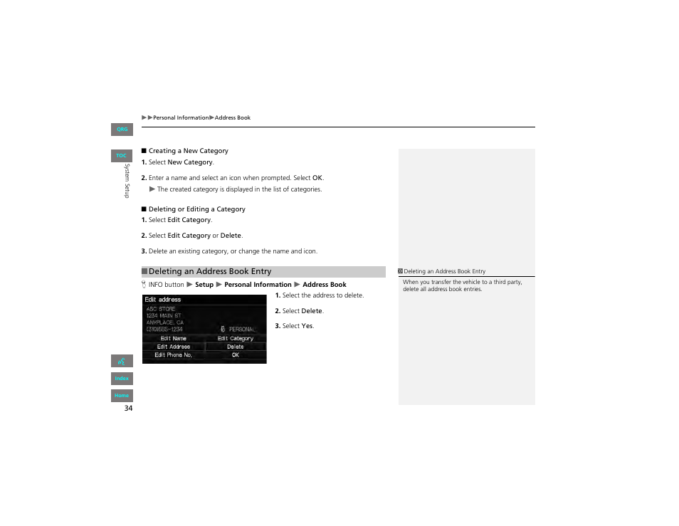 Deleting an address book entry | HONDA 2012 Civic Navigation User Manual | Page 35 / 204