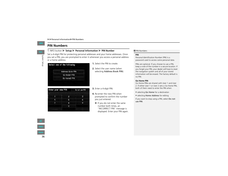 Pin numbers, 2 pin numbers, P. 36 | HONDA 2012 Civic Navigation User Manual | Page 37 / 204