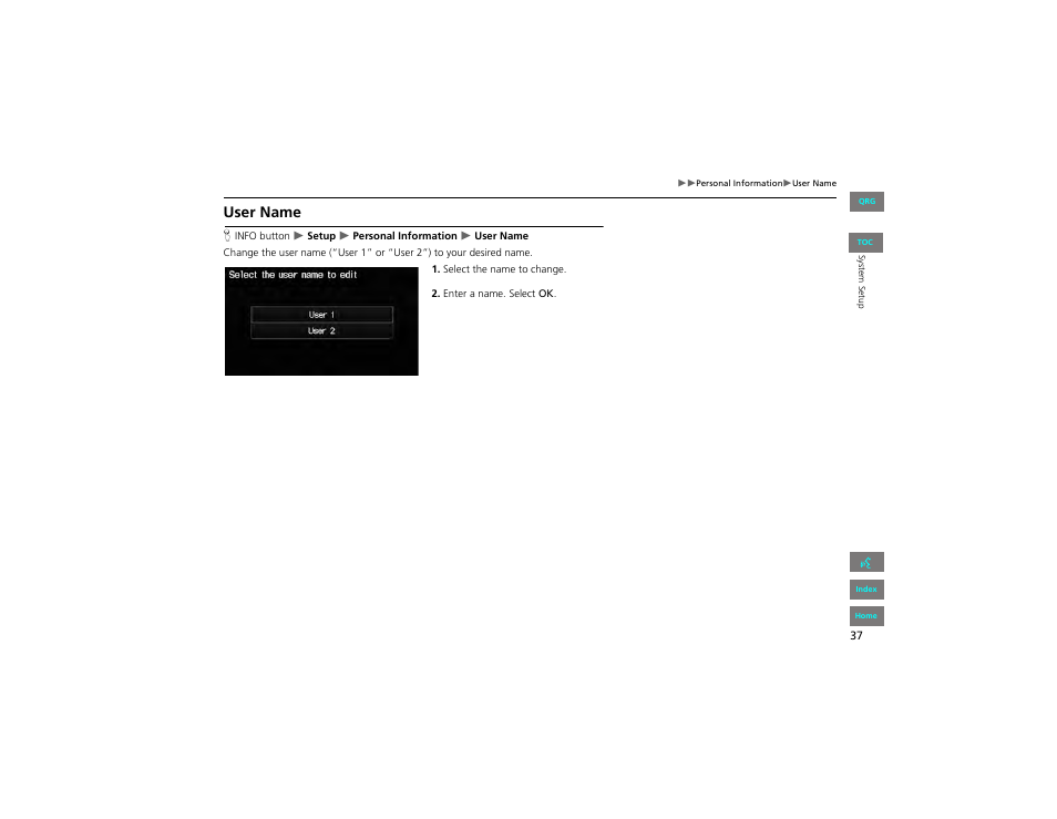 User name, 2 user name, P. 37 | HONDA 2012 Civic Navigation User Manual | Page 38 / 204