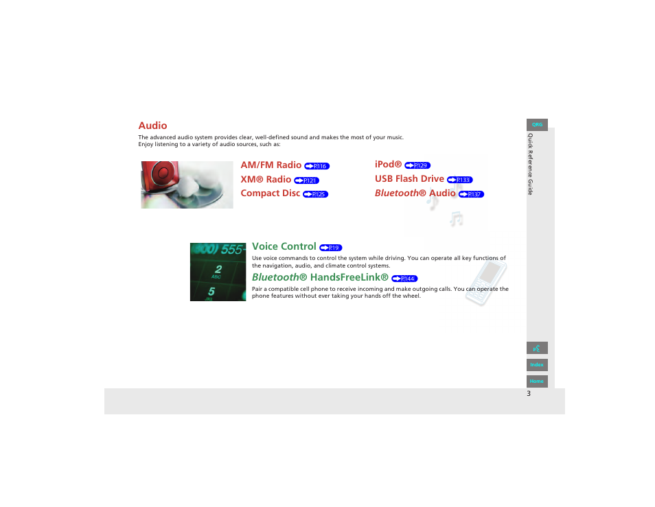 Audio, Voice control, Bluetooth ® handsfreelink | HONDA 2012 Civic Navigation User Manual | Page 4 / 204