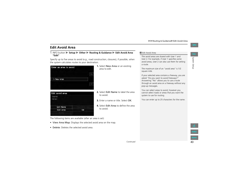 Edit avoid area, 2 edit avoid area, P. 43 | HONDA 2012 Civic Navigation User Manual | Page 44 / 204