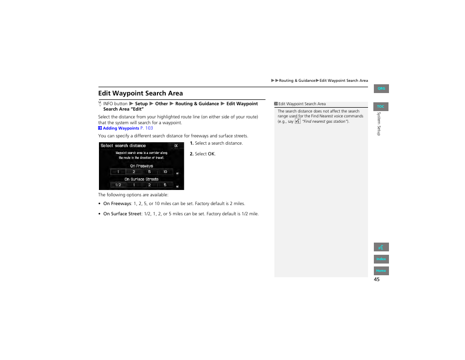 Edit waypoint search area, 2 edit waypoint search area, P. 45 | HONDA 2012 Civic Navigation User Manual | Page 46 / 204