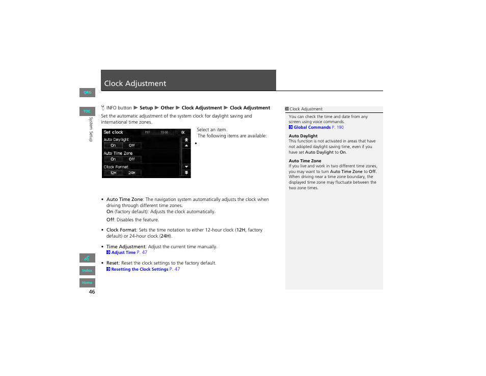 Clock adjustment, P. 46, 2 clock adjustment p. 46 | HONDA 2012 Civic Navigation User Manual | Page 47 / 204